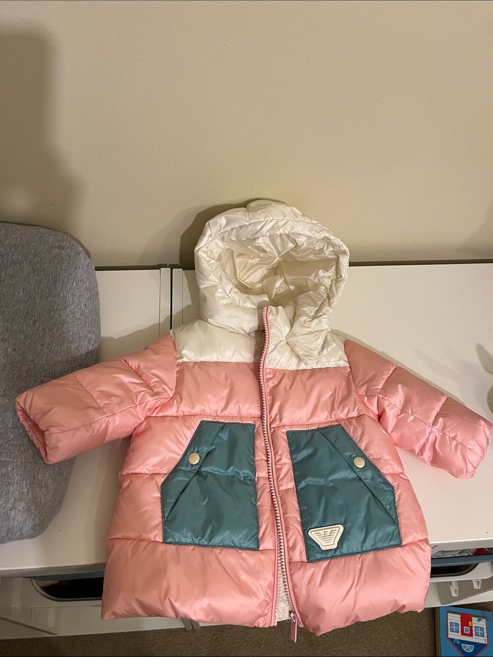 Emporio Armani Pink and Cream Hooded Puffer with Teal Pockets